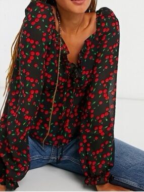 Wednesday’s Girl Black Cherry Print Ruffle Trim Chiffon Long-Sleeve Blouse Sz 22